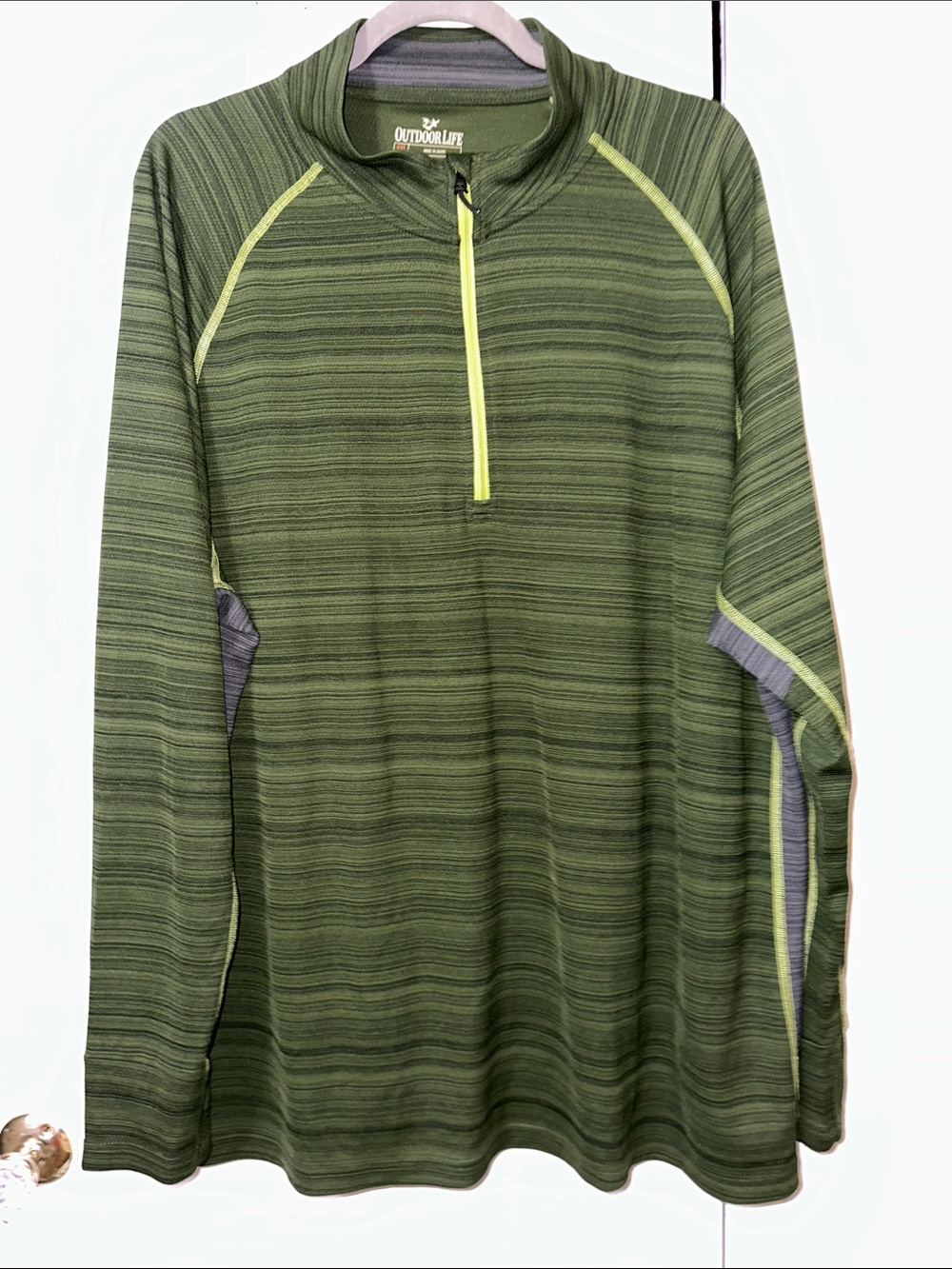 #51 Outdoor Life Olive Stripe Half-Zip Pullover with Neon Zip